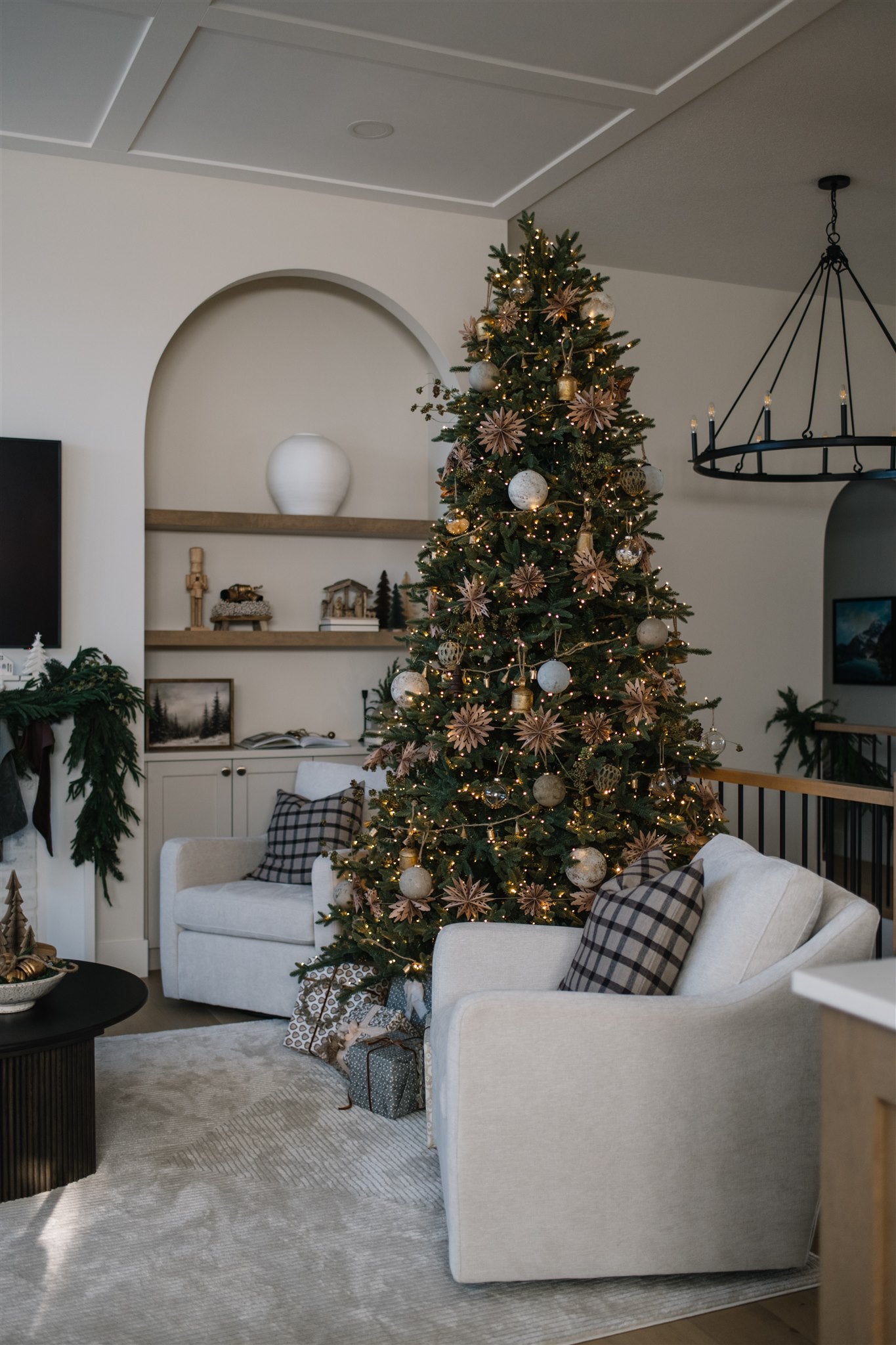 Neutral-Toned Living Room with a Prominent Christmas Tree — Winter Wonderland Christmas Decor