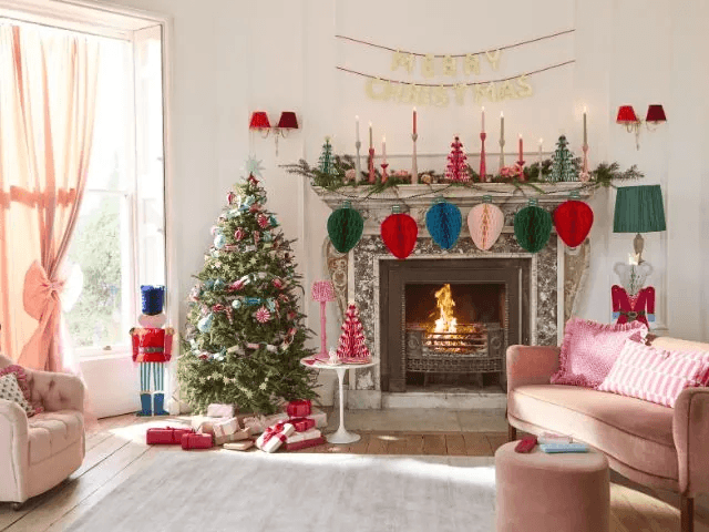 Whimsical Christmas Living Room with Playful Pink Sofa and Nutcrackers Whimsical Christmas Living Room with Playful Pink Sofa and Nutcrackers — christmas decor trends 2026