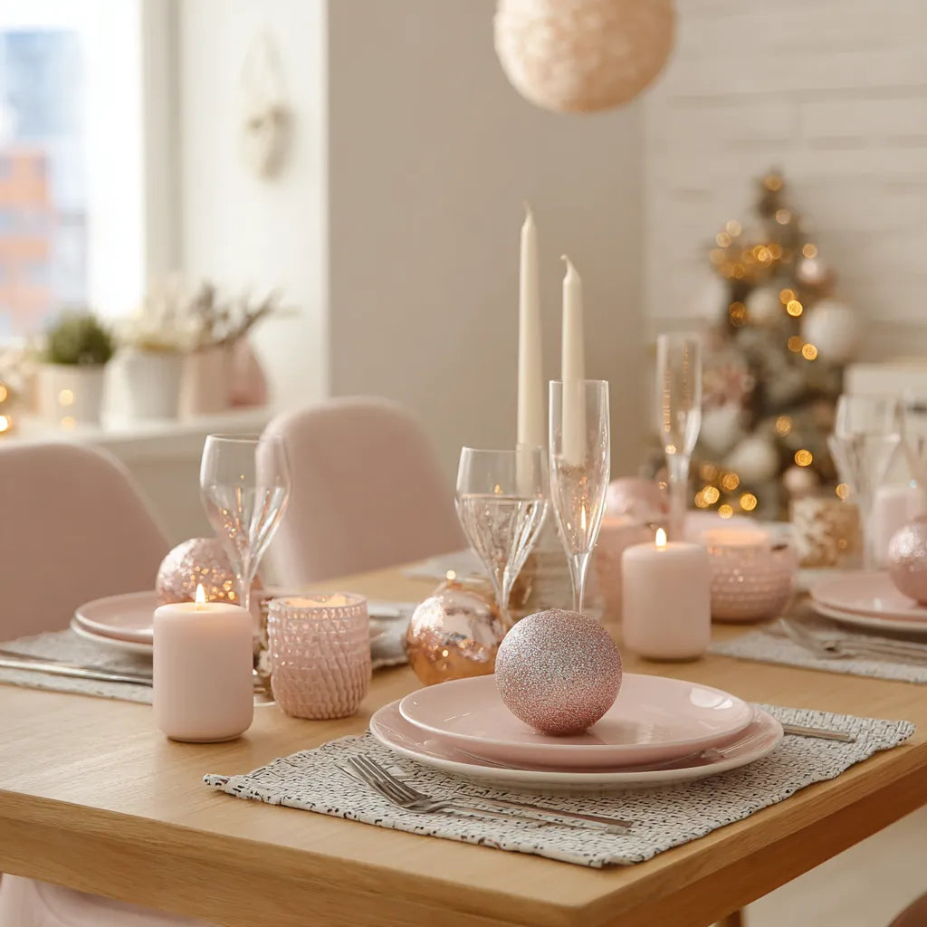 Modern Elegant New Year's Eve Table with Pink and Rose Gold Accents Modern Elegant New Year's Eve Table with Pink and Rose Gold Accents — New Years Eve Table Decor