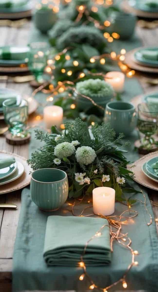 Modern Rustic Tablescape with Sage Green Runner Modern Rustic Tablescape with Sage Green Runner — Sage Green Christmas Decor