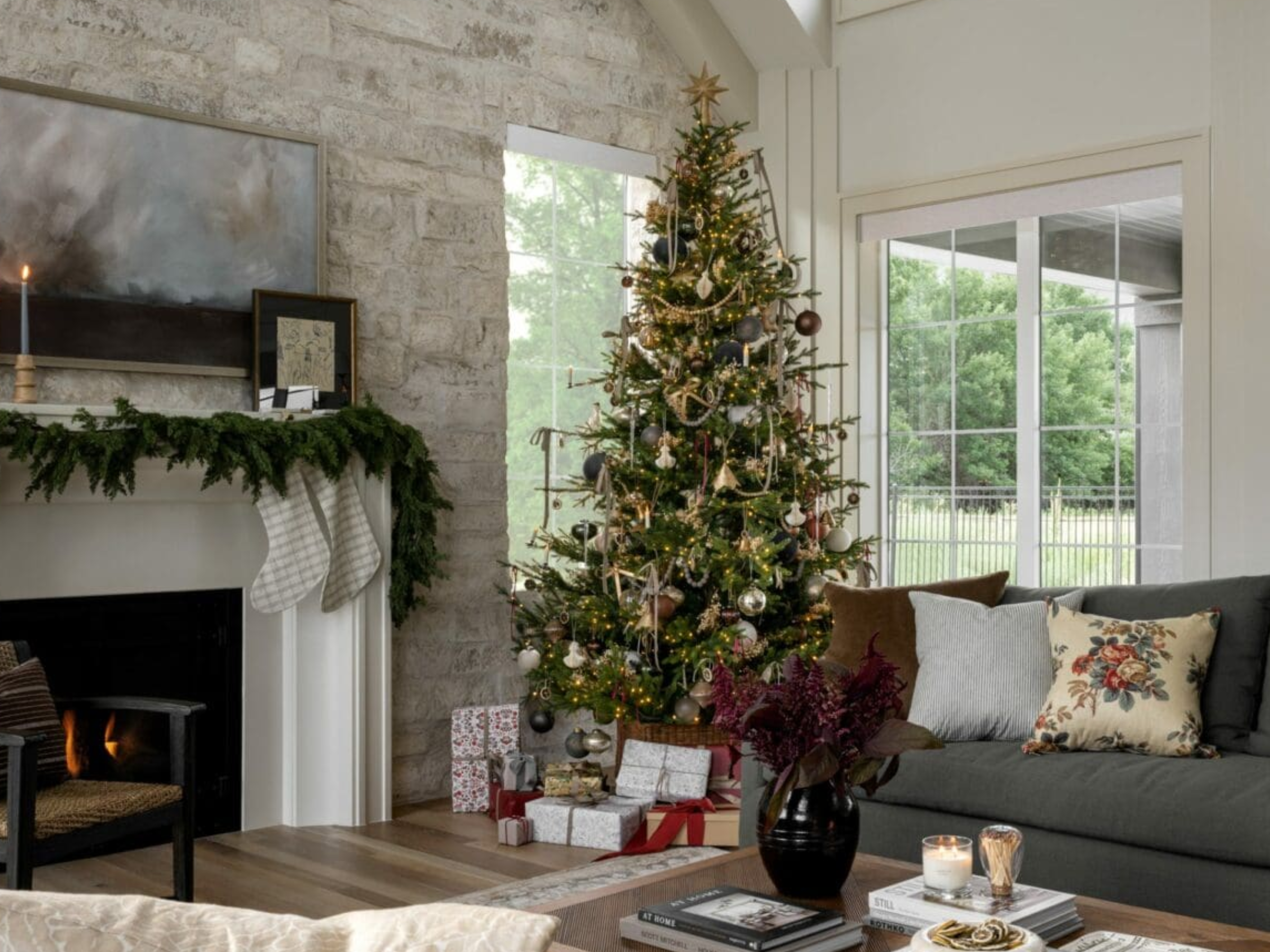Modern Rustic Tree by a Stone Fireplace Modern Rustic Tree by a Stone Fireplace — Christmas Tree Trends 2026