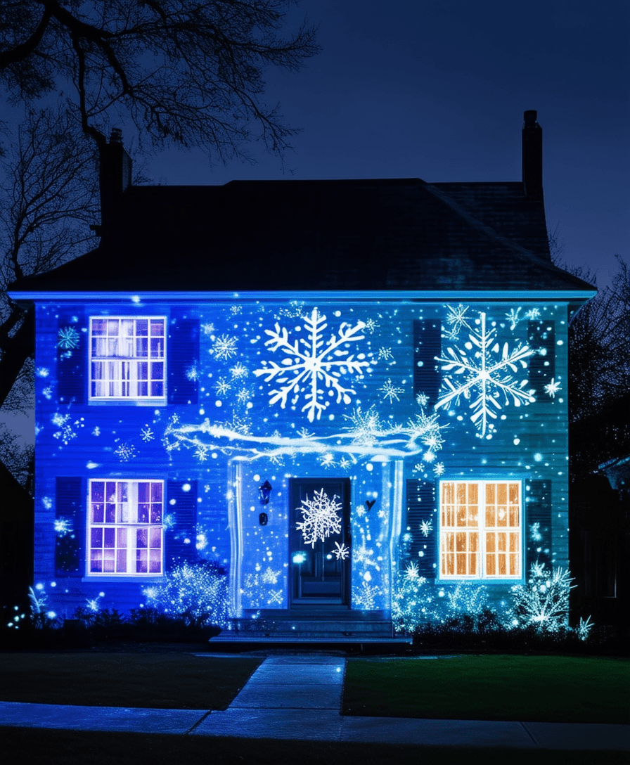 Modern Blue Light Projection on House Facade — Christmas Light Display Ideas