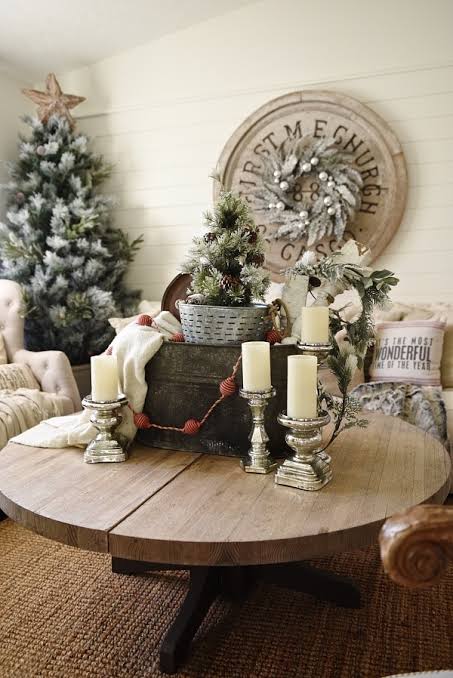Farmhouse Galvanized Tub Mini Tree Centerpiece Farmhouse Galvanized Tub Mini Tree Centerpiece — Christmas Coffee Table Decor