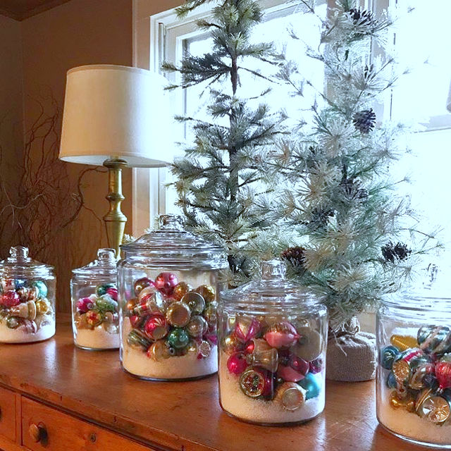 Vintage Ornaments and Sand Displayed in Glass Jars — Vintage Christmas Ornaments