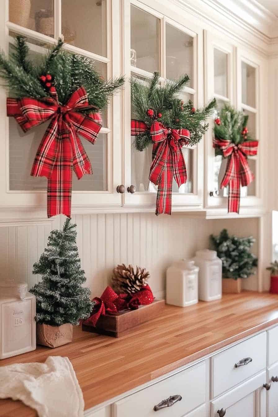 Traditional Kitchen Cabinets Decorated with Wreaths and Red Plaid Bows — Christmas Kitchen Decor
