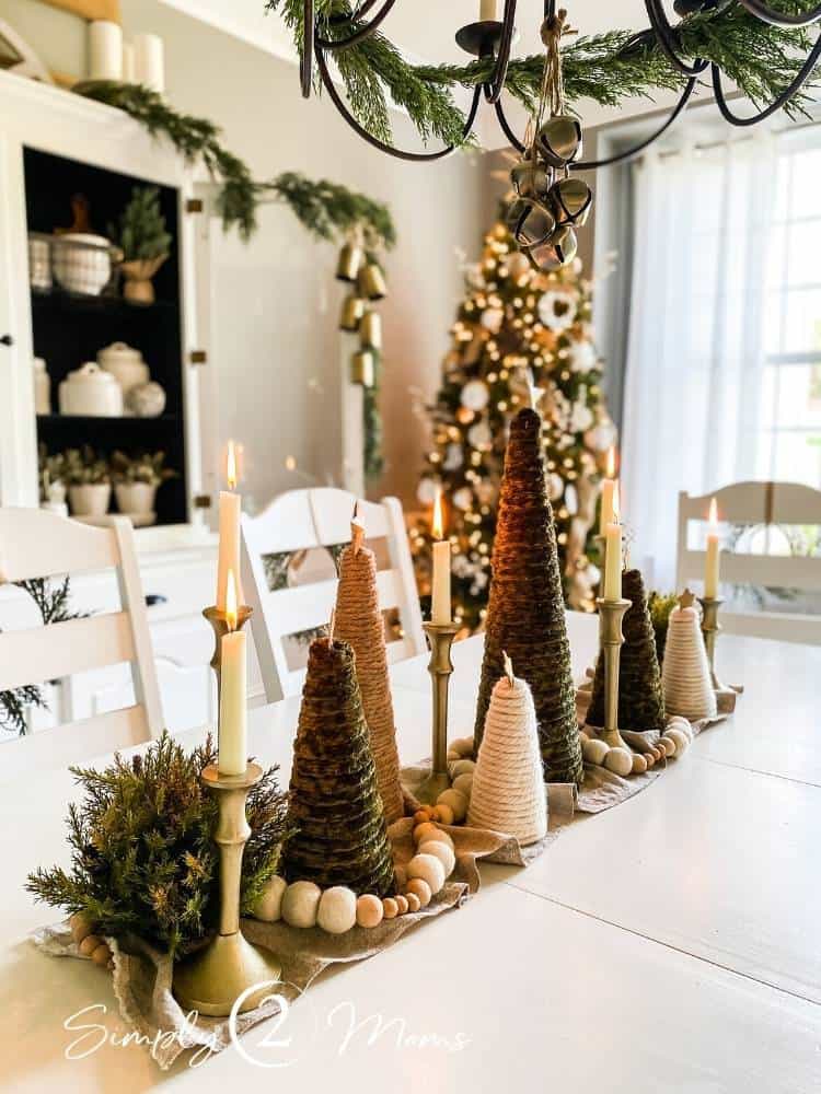Farmhouse Table Runner with Textured Cone Trees and Brass Candlesticks — Christmas Dining Room Decor