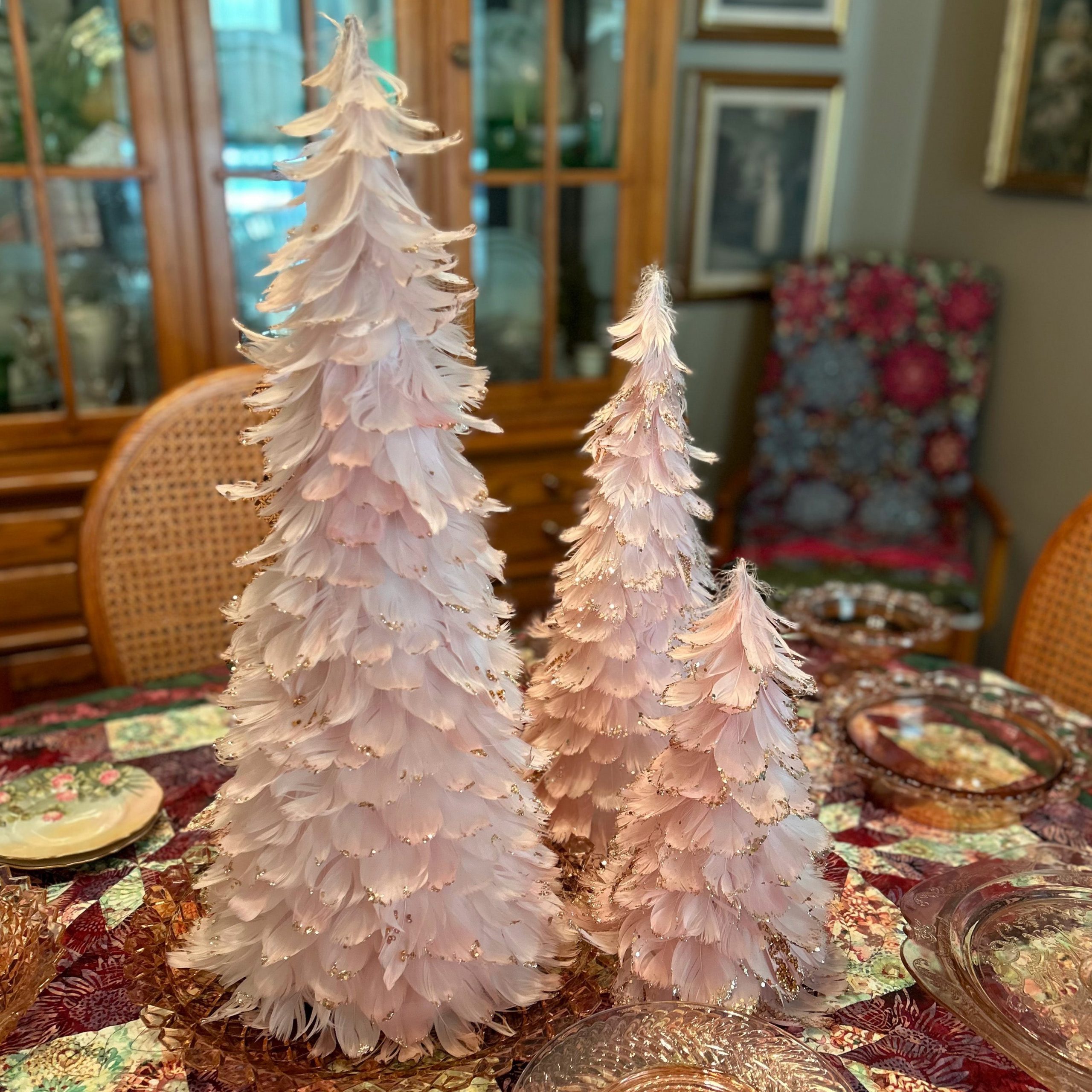 Shabby Chic Pink Feathered Trees on a Dining Table — Small Christmas Tree Decor