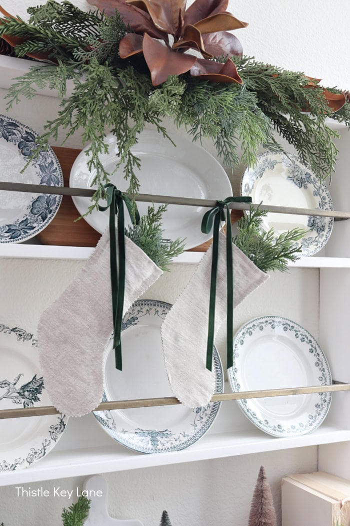 Linen Stockings Hung with Velvet Ribbon — Christmas Stockings Display