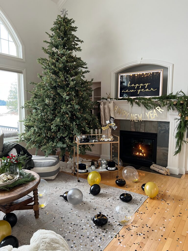 Roomy Living Room with Christmas Tree, Fireplace Garland, and Bar Cart — New Years Eve Party 2027