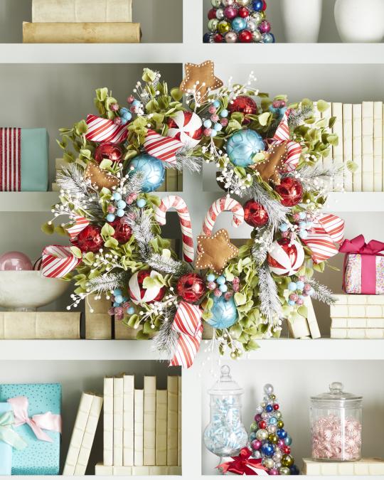 Candy Cane Striped Wreath on a Shelf Display — Candy Cane Christmas Decor