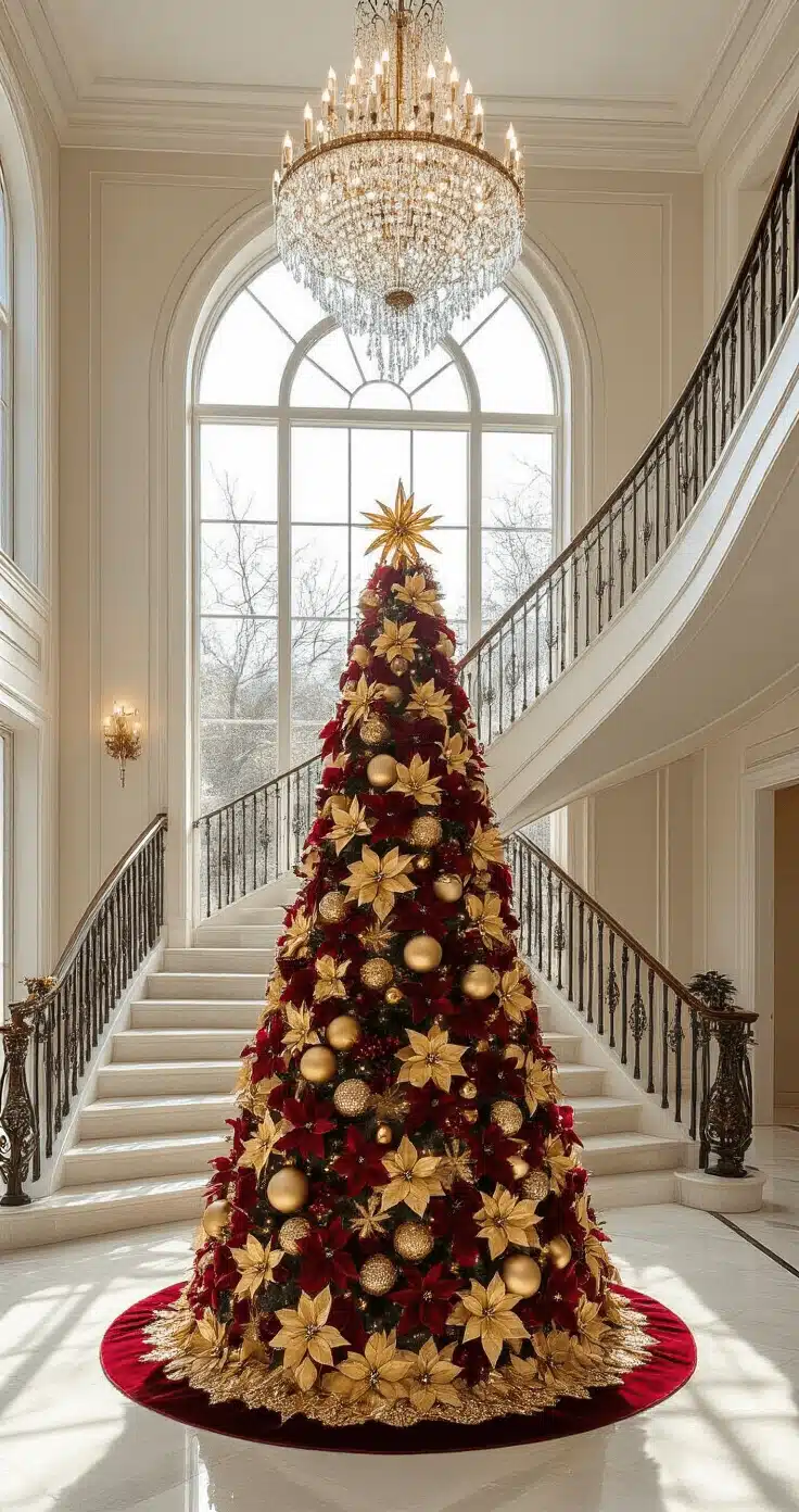 Opulent Foyer with a Magnificent Red and Gold Christmas Tree — Elegant Christmas Decor