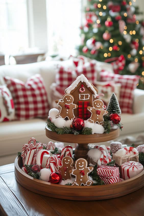 Two-Tiered Wooden Tray with Gingerbread and Candy Canes Two-Tiered Wooden Tray with Gingerbread and Candy Canes — Christmas Tiered Tray
