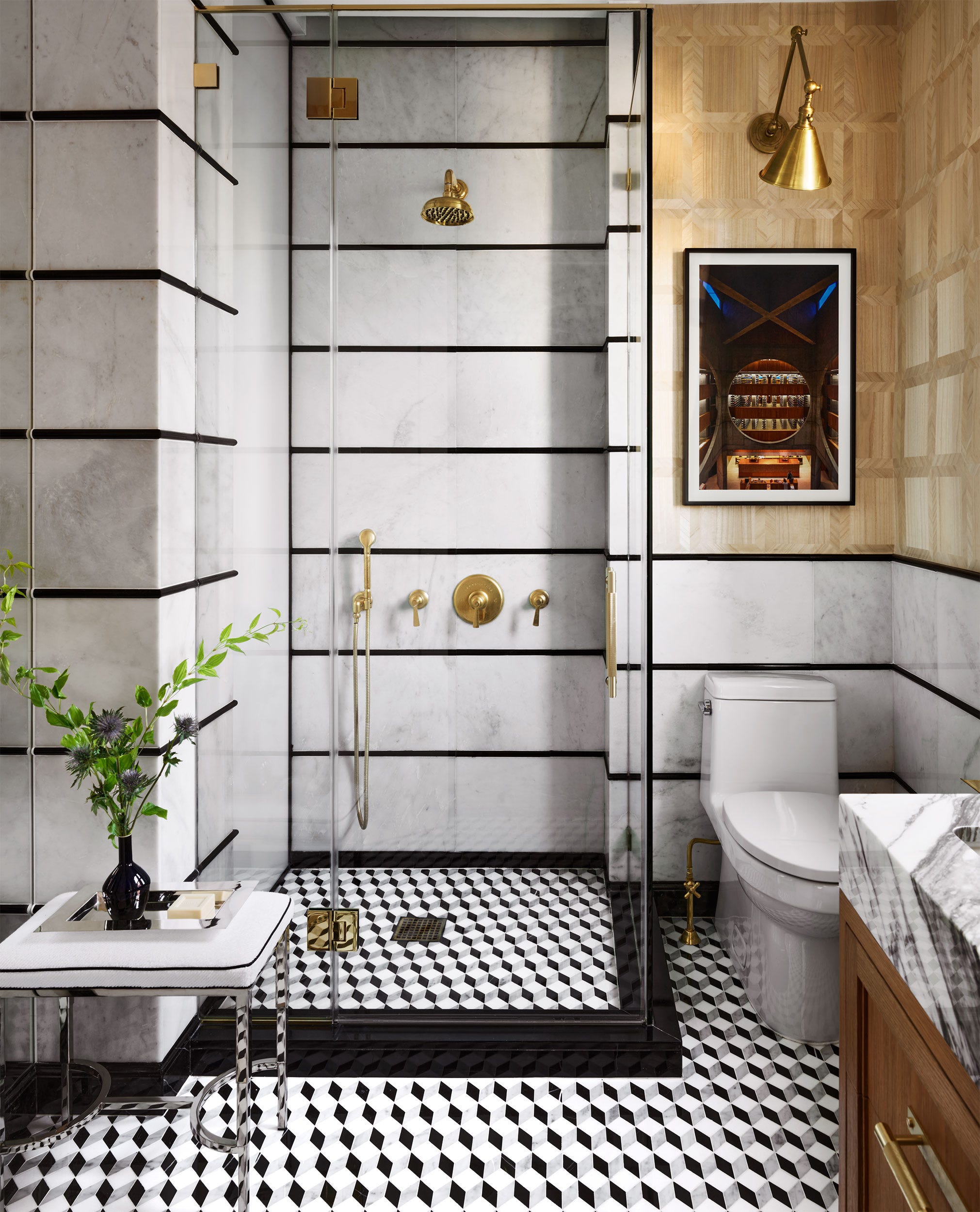 Art Deco Shower with Geometric Floor and Gold Accents — Shower Room Ideas