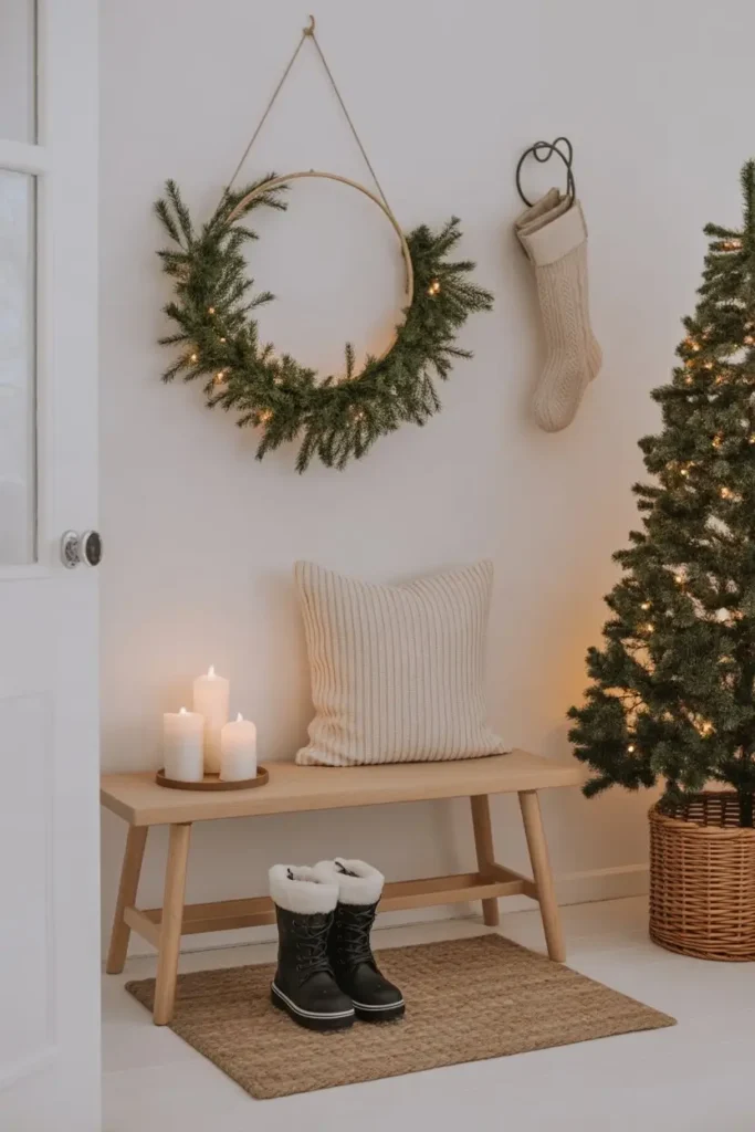 Scandinavian Entryway Bench with Minimalist Wreath and Candles Scandinavian Entryway Bench with Minimalist Wreath and Candles — Christmas Entryway Decor