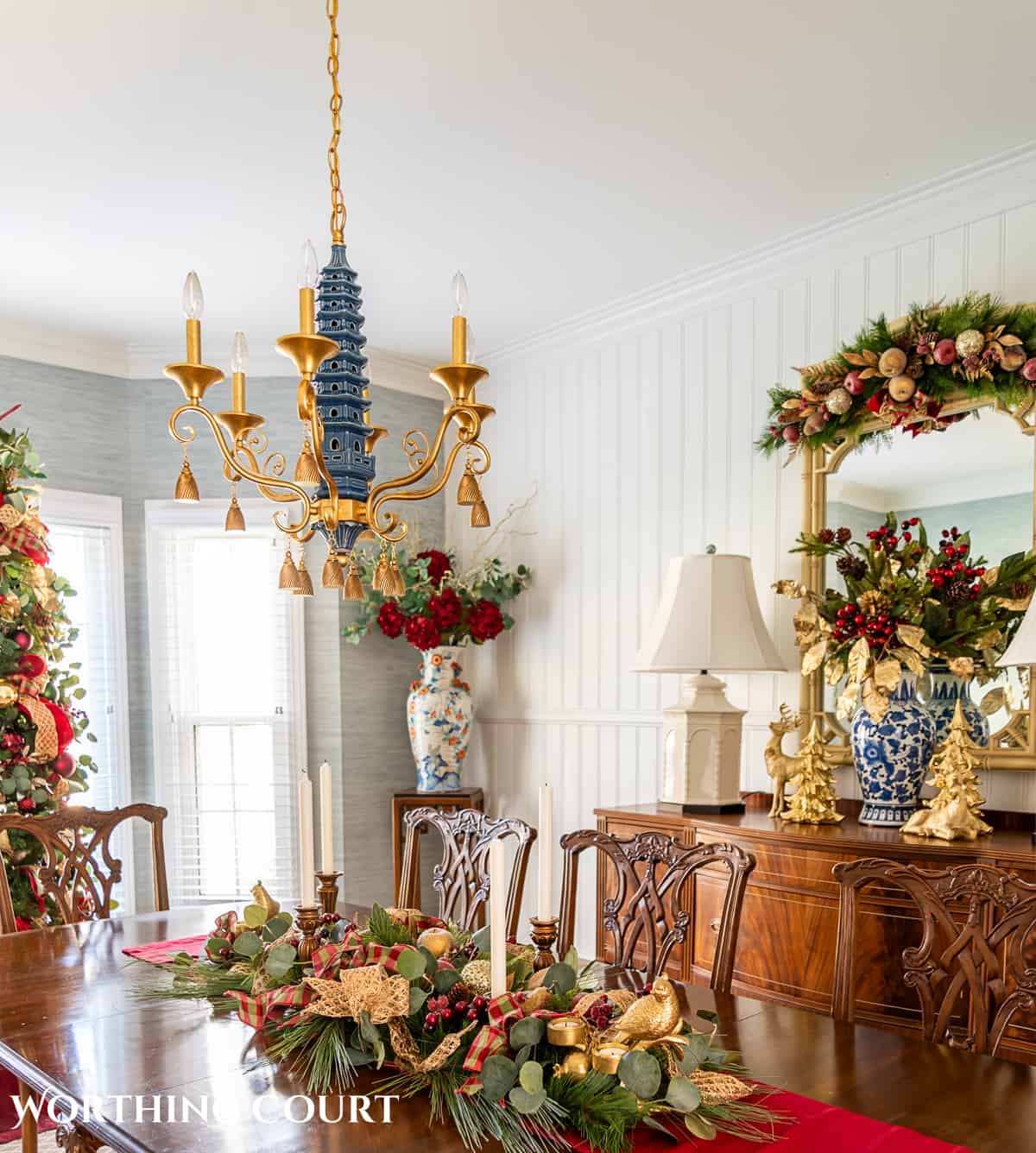 Traditional Dining Room with Burgundy Table Runner and Centerpiece — Burgundy Christmas Decor