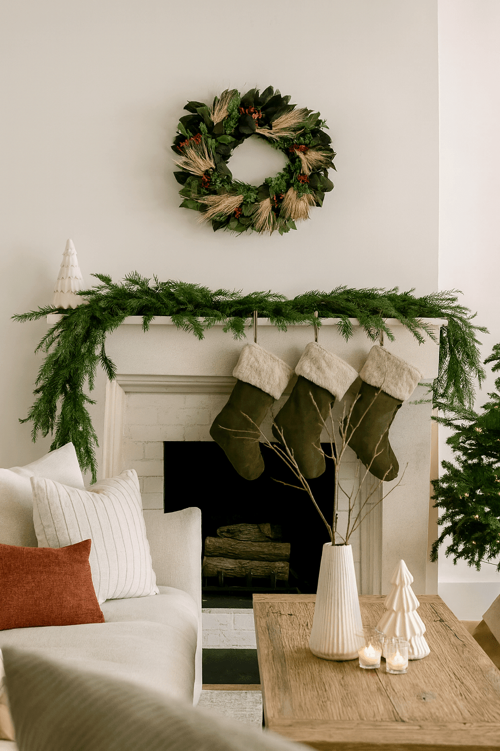Modern Farmhouse Wreath Above a Fireplace — Christmas Wreath