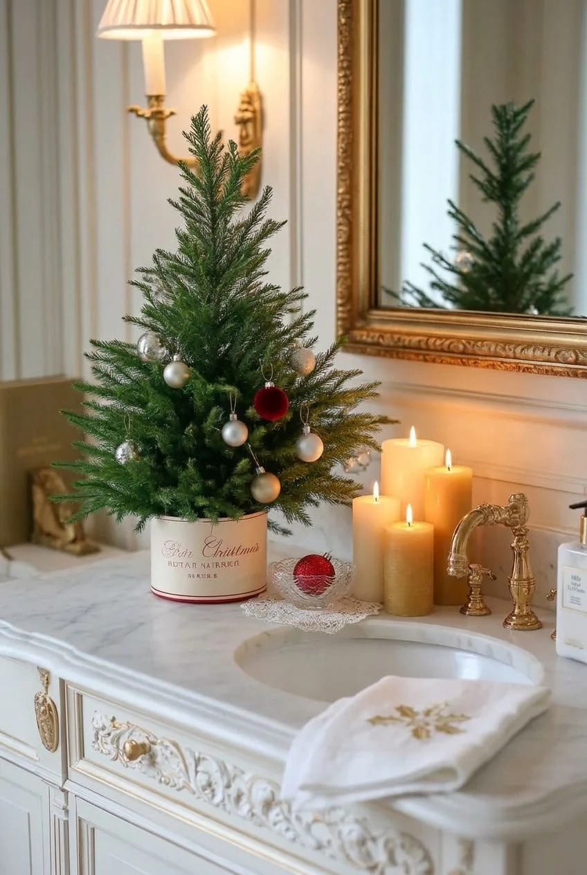 Elegant Vanity with Miniature Christmas Tree and Pillar Candles Elegant Vanity with Miniature Christmas Tree and Pillar Candles — Christmas Bathroom Decor