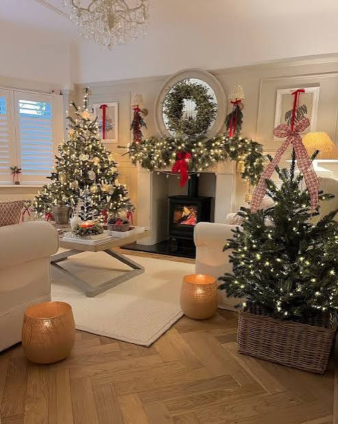Modern Traditional Living Room with Dual Trees Flanking Fireplace Modern Traditional Living Room with Dual Trees Flanking Fireplace — Cozy Christmas Decor