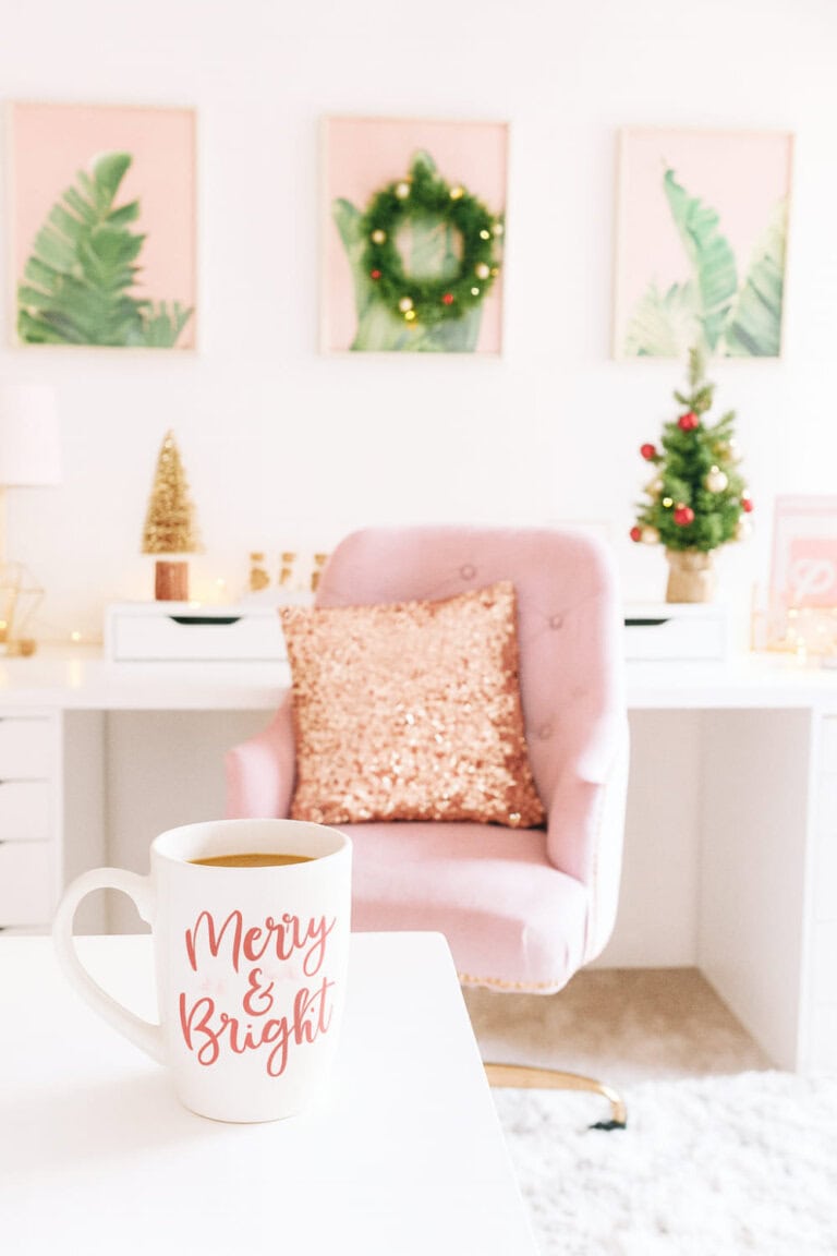 Feminine Office Desk with a Mini Christmas Tree — Christmas Office Decor Ideas