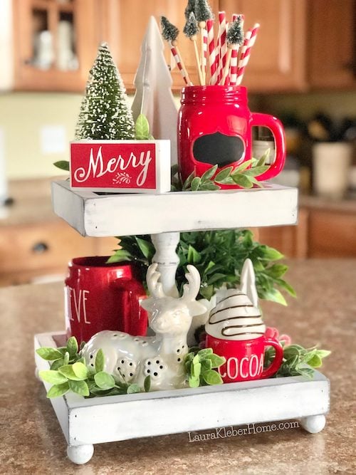Kitchen Counter Display with White Mini Houses on Tiered Tray Kitchen Counter Display with White Mini Houses on Tiered Tray — Christmas Tiered Tray