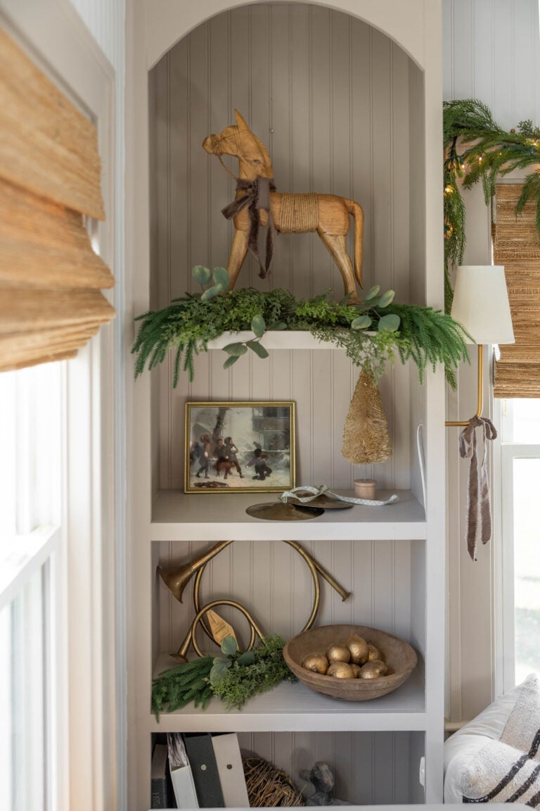Traditional Built-in Shelves with Wooden Horse Traditional Built-in Shelves with Wooden Horse — Christmas Shelf Decor