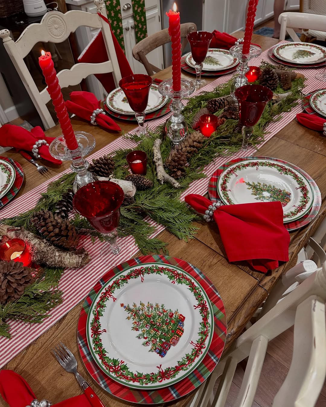 Traditional Dining Room with Pinecone and Evergreen Branch Runner — Christmas Dining Room Decor