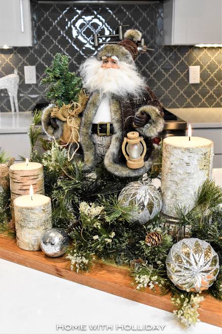 Rustic Santa Centerpiece on Kitchen Countertop — Rustic Christmas Decor