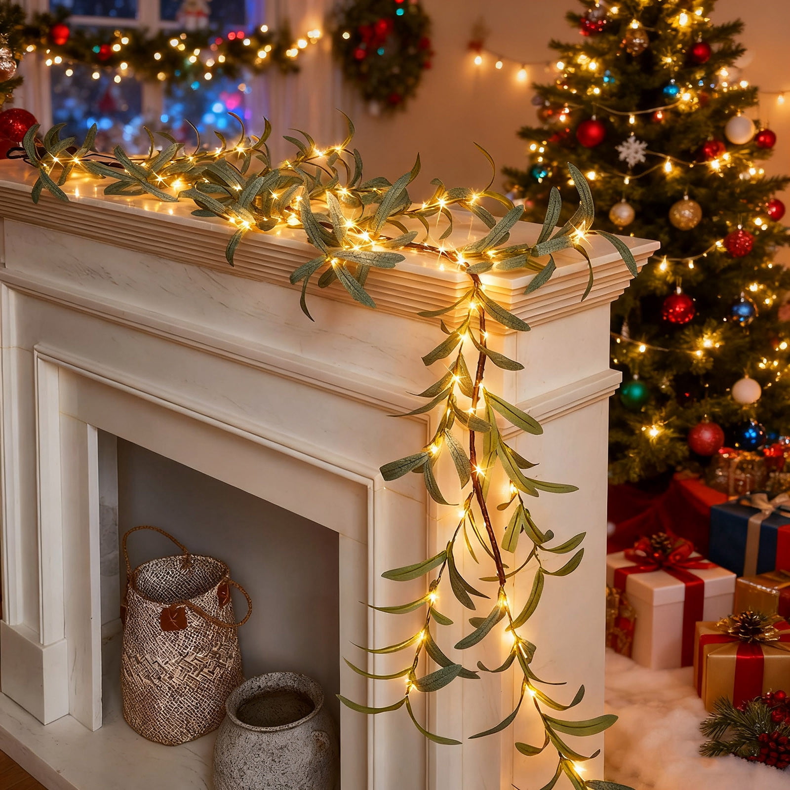 Elegant Leaf Garland with Warm LED Lights on a Marble Mantle — Christmas Lights in Garland Indoor