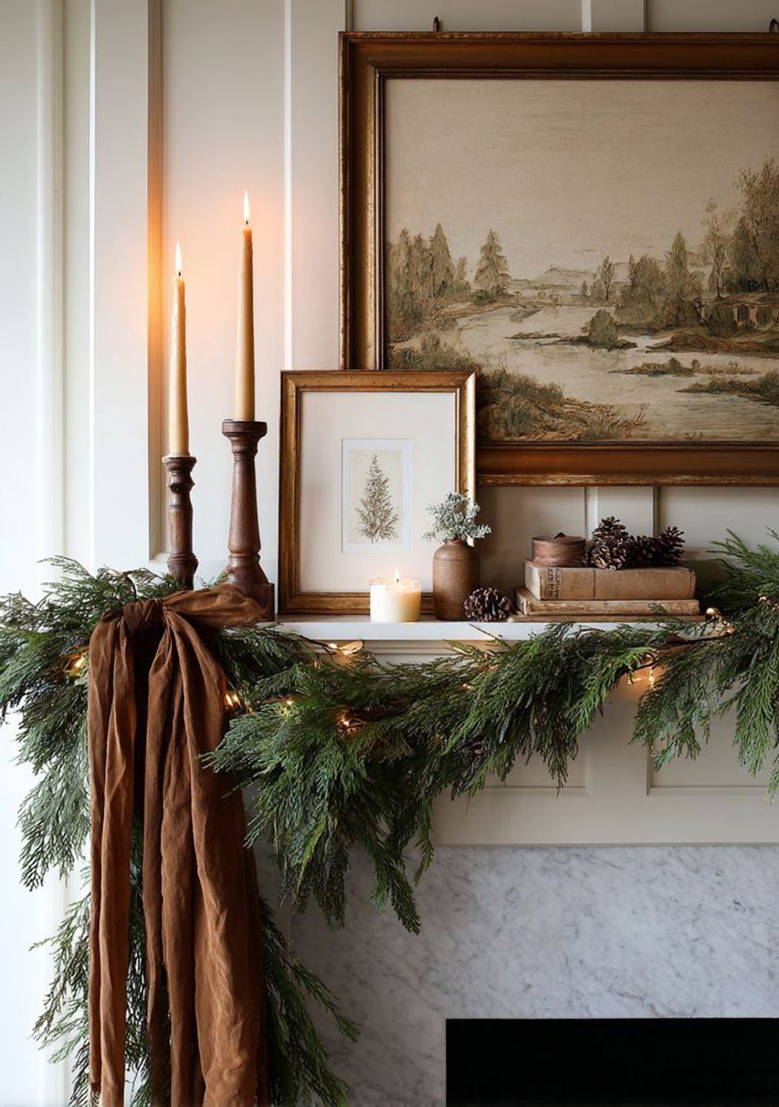 Elegant Mantel with Wooden Candlesticks and Garland Elegant Mantel with Wooden Candlesticks and Garland — Winter Decor After Christmas