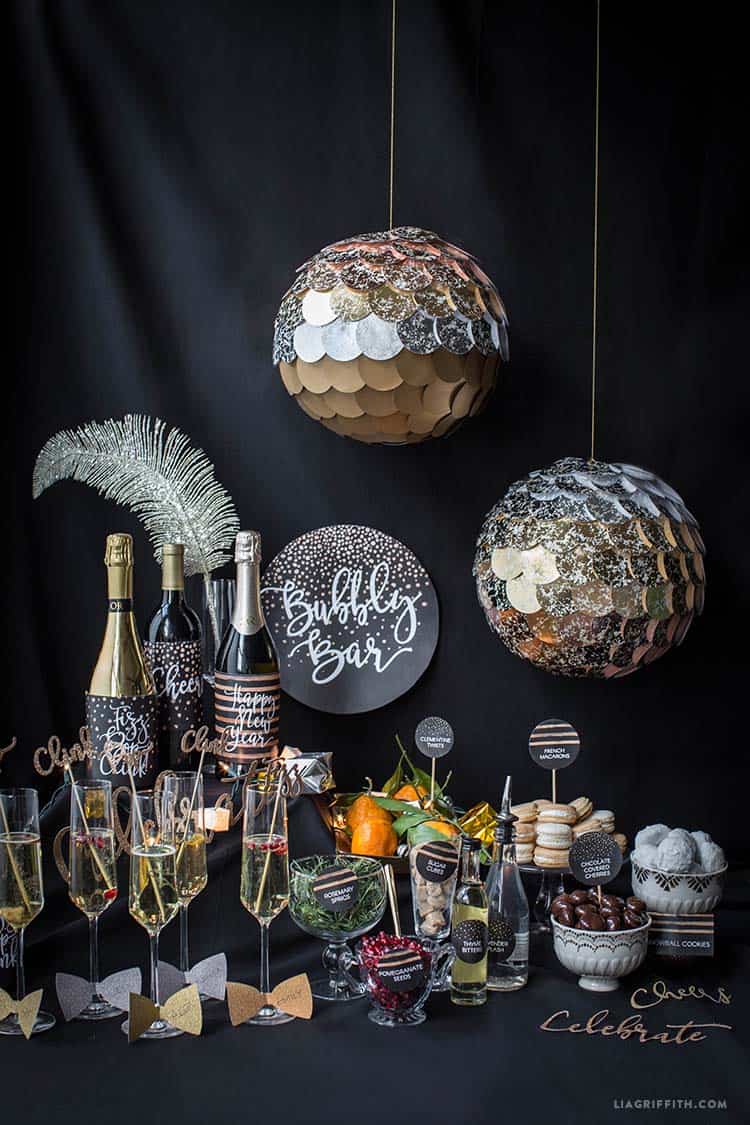 Glamorous Bubbly Bar Setup with Sequined Orb Accents — New Years Eve Party Decor
