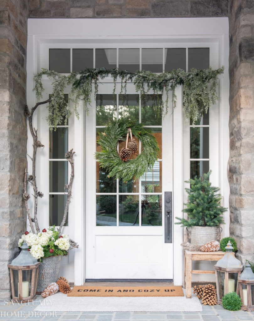 Elegant Entryway with Lush Greenery Garland and Wreath — Simple Christmas Outdoor Decor