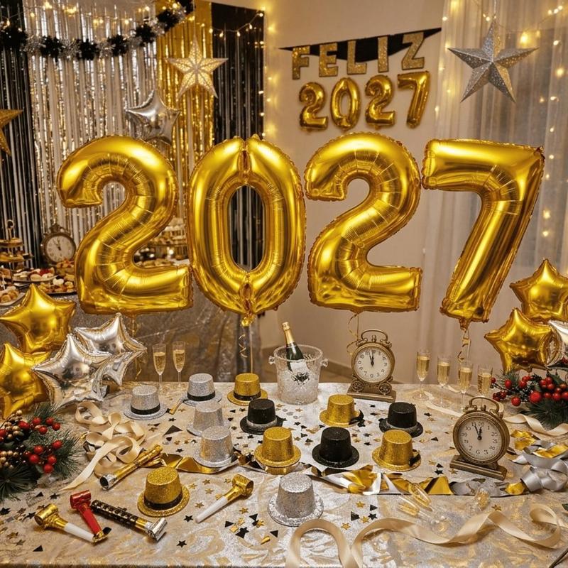 New Year's Eve Table Setting with Large Silver '2027' Balloons and Party Hats — New Years Eve Party 2027