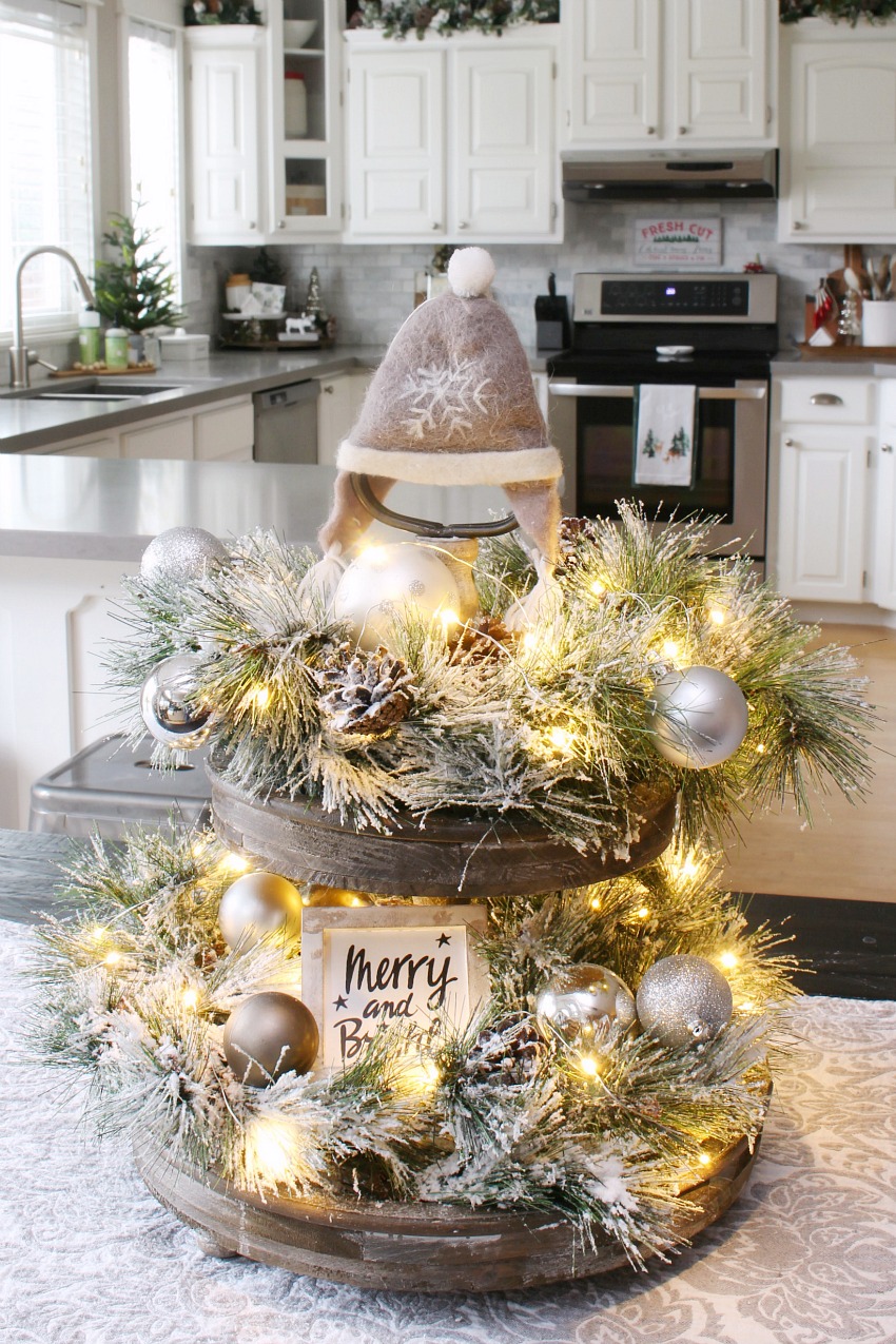 Frosted Greenery and Fairy Lights on a Farmhouse Tiered Tray — Farmhouse Christmas Decor