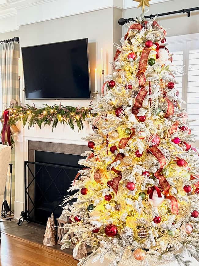 Festive Abundance: Large Flocked Tree with Red and Gold Decor Festive Abundance: Large Flocked Tree with Red and Gold Decor — Flocked Christmas Tree Decor
