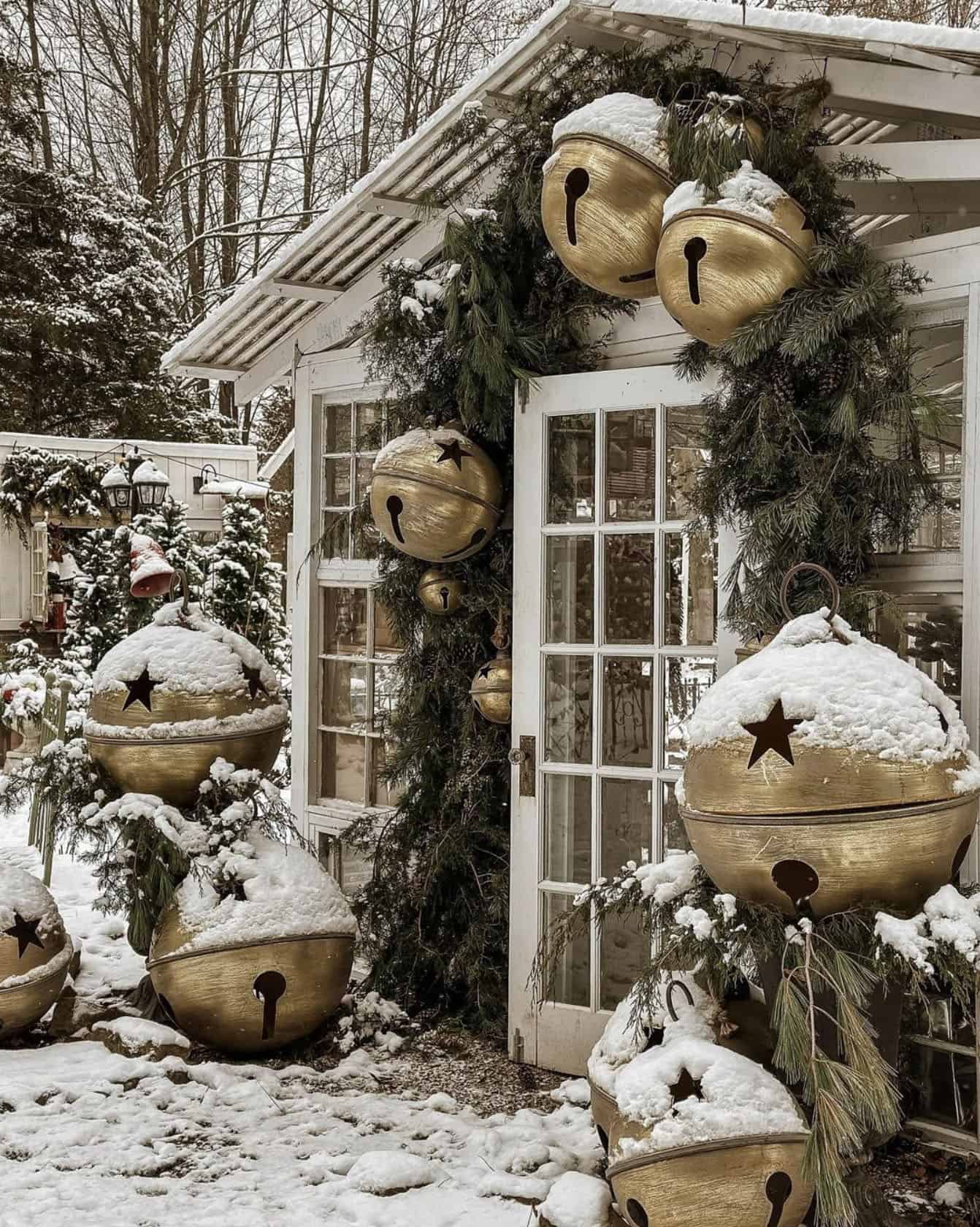 Enchanting Outdoor Winter Wonderland with Oversized Gold Bells — Winter Wonderland Christmas Decor