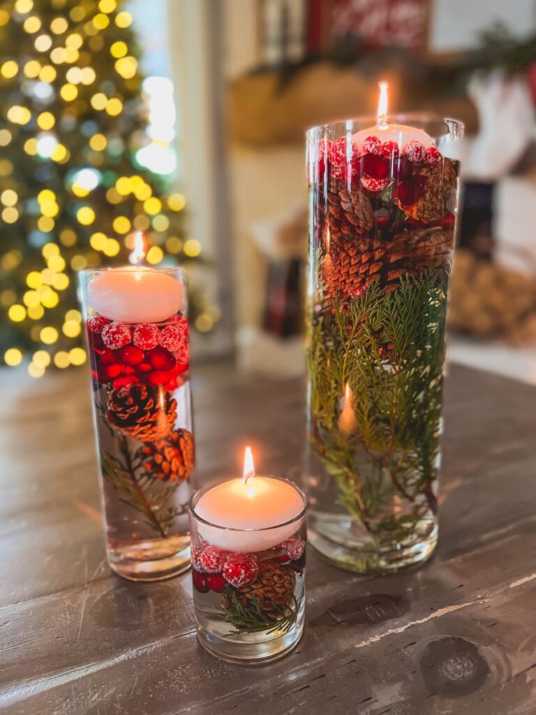 Floating Candles in Glass Vases with Festive Christmas Elements — Christmas Candle Decor