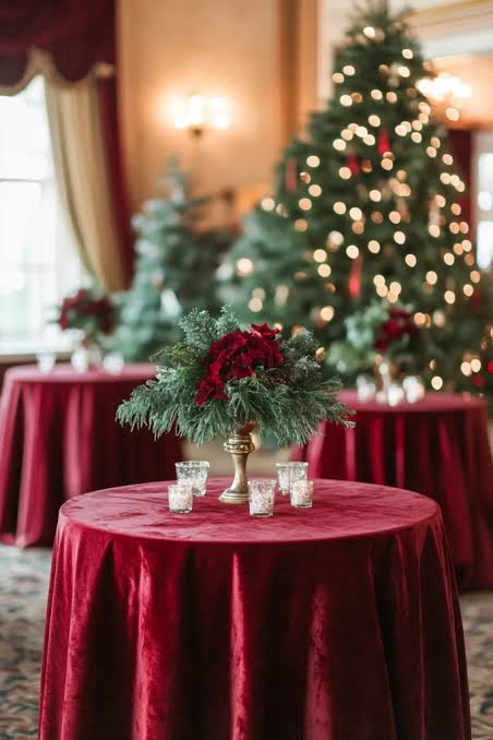 Elegant Dining Room with Red Velvet Tablecloths and Floral Centerpiece — Christmas Party Decor