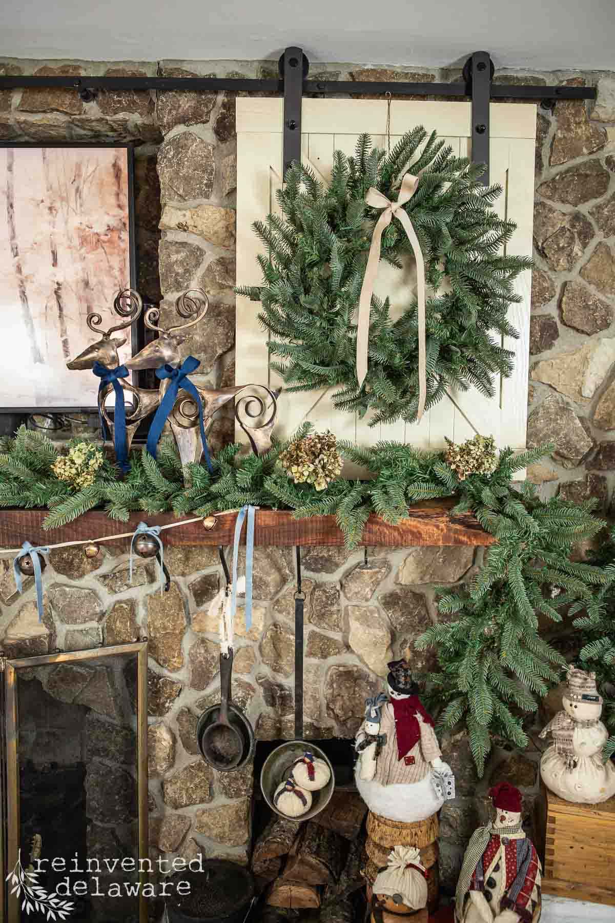 Rustic Stone Fireplace with Snowmen, Reindeer, and Large Wreath Rustic Stone Fireplace with Snowmen, Reindeer, and Large Wreath — Christmas Fireplace Decor