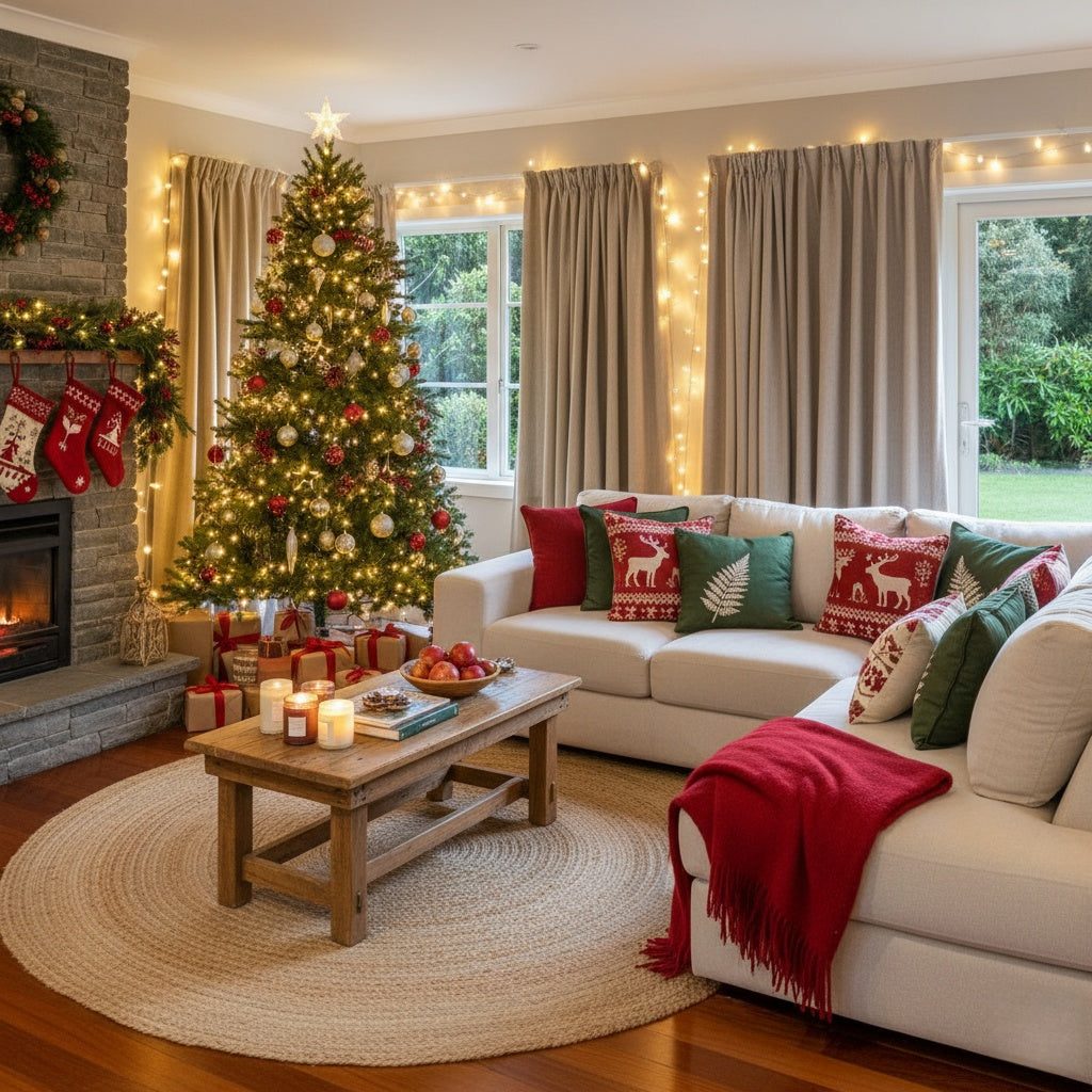 Modern Living Room with Stone Fireplace, Stockings, and Cozy Sofa — Modern Christmas Decor