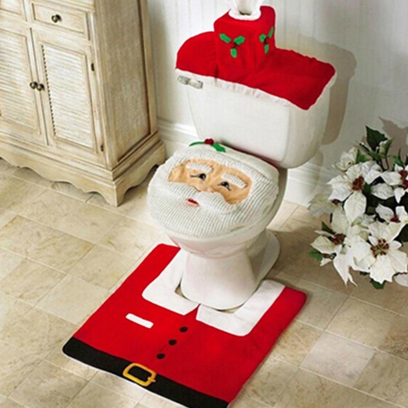 Traditional Bathroom with Santa-Themed Toilet Seat Cover and Poinsettias Traditional Bathroom with Santa-Themed Toilet Seat Cover and Poinsettias — Christmas Bathroom Decor