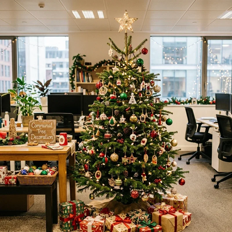 Communal Office Space Centered Around a Large Tree — Christmas Office Decor Ideas