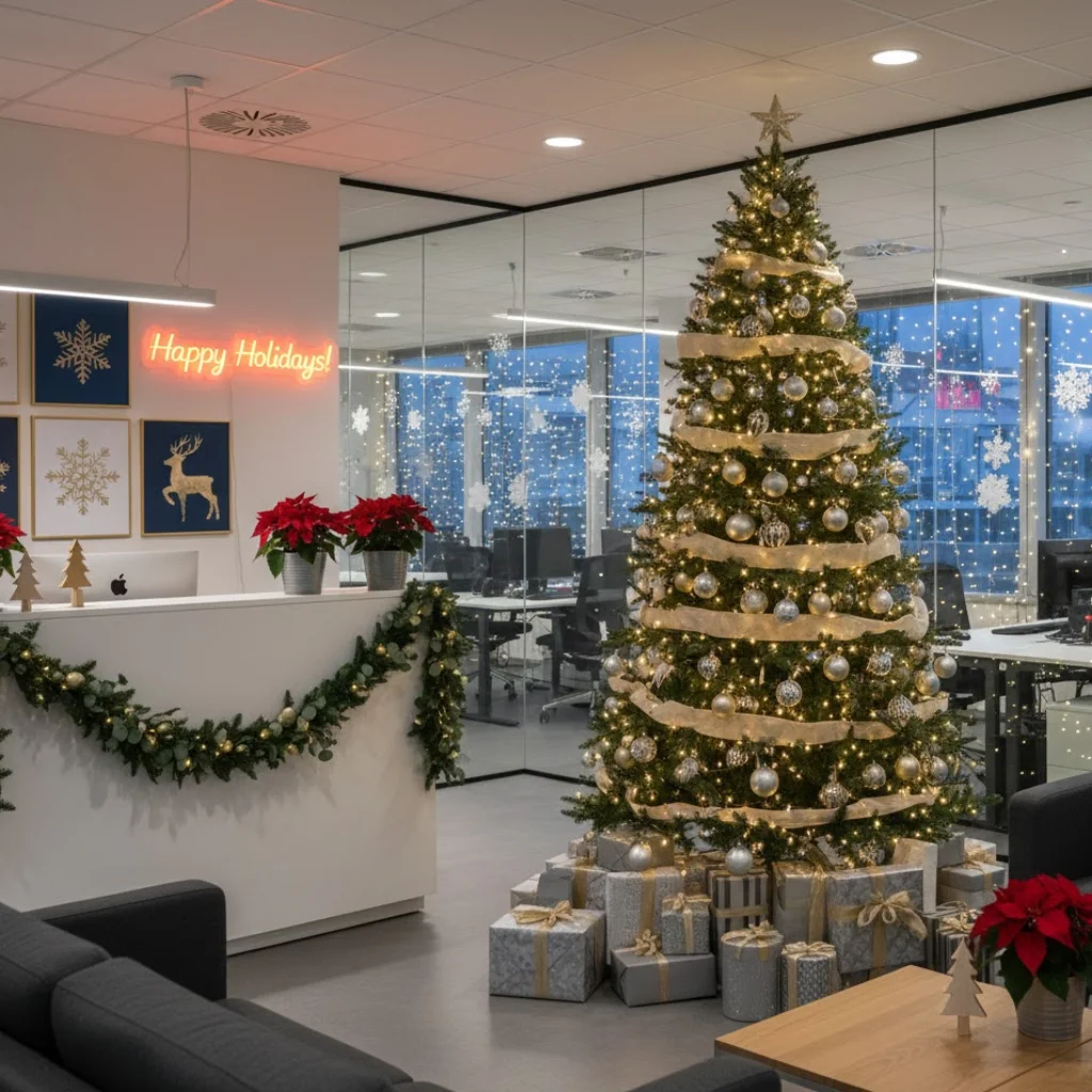 Modern Office with Neon 'Happy Holidays!' Sign — Christmas Office Decor Ideas