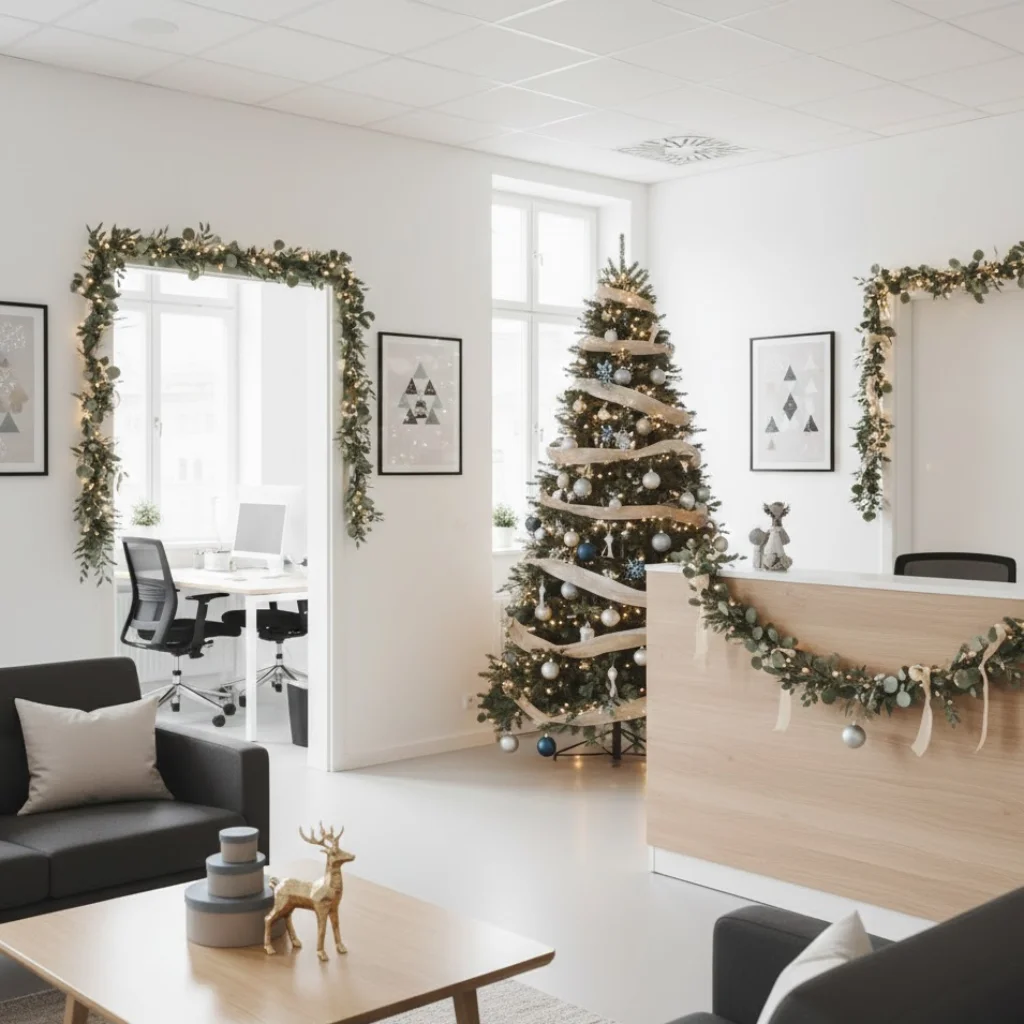 Elegant Reception Area with Garlands and a Large Tree — Christmas Office Decor Ideas
