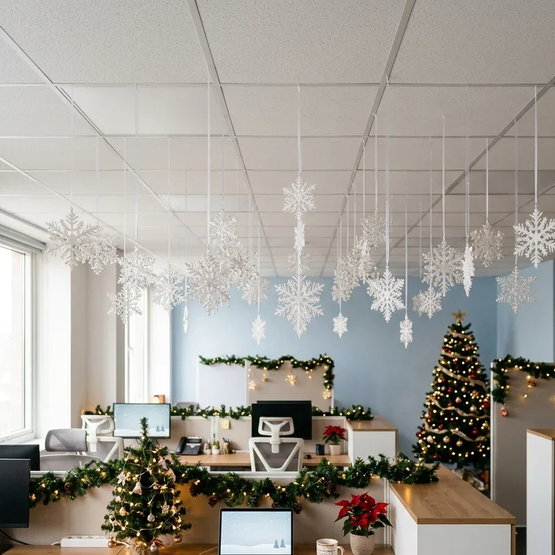 Open-Plan Office Adorned with Snowflakes and Garlands — Christmas Office Decor Ideas
