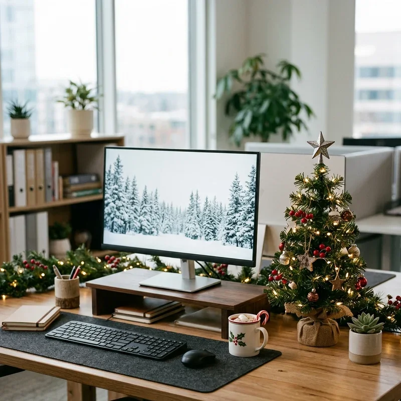 Warm and Cozy Desk with a Mini Tree and Garland — Christmas Office Decor Ideas