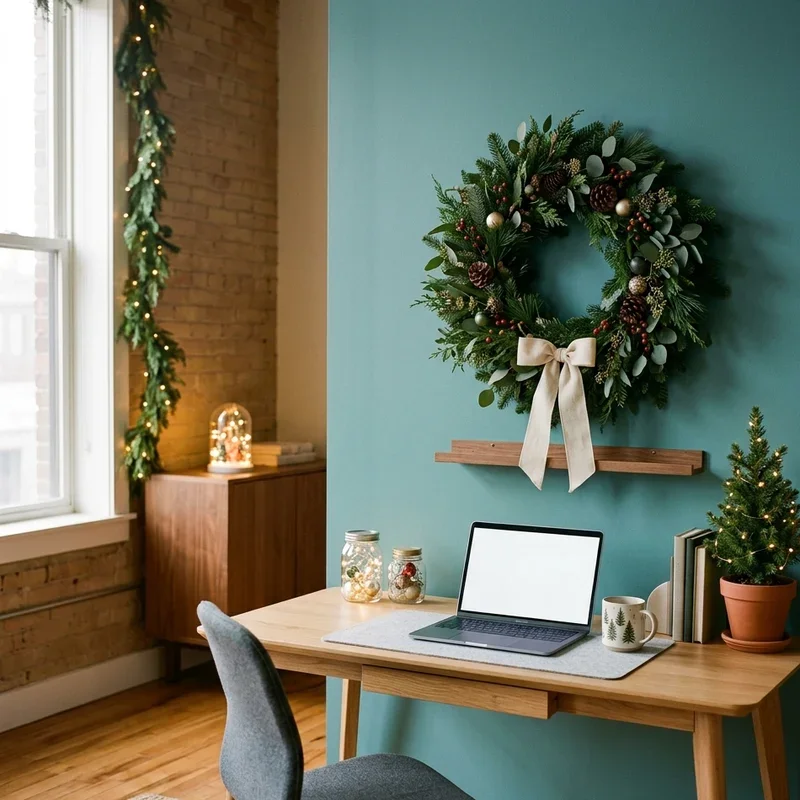 Teal Wall Accented with a Large Christmas Wreath — Christmas Office Decor Ideas