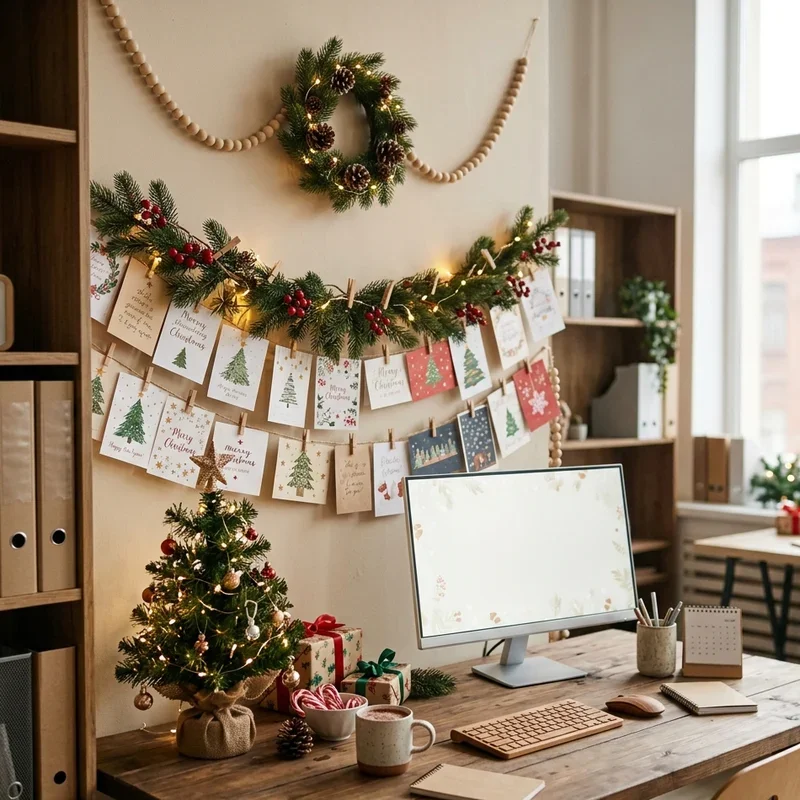 Charming Desk Vignette with Garland and Cards — Christmas Office Decor Ideas