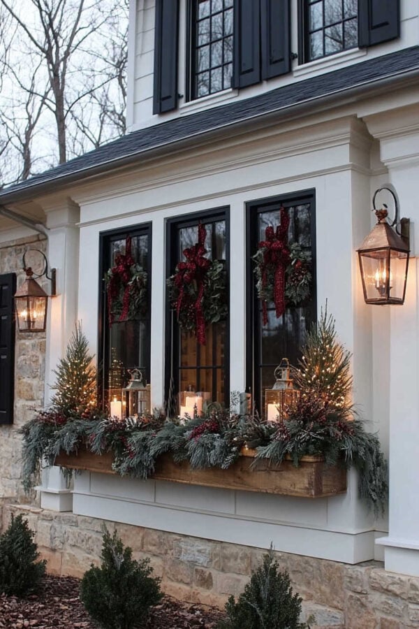 Farmhouse Window Box with Miniature Trees and Lanterns — Christmas House Exterior Decor