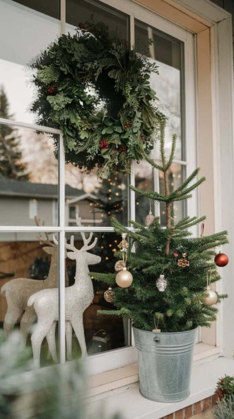 Festive Window Arrangement with Evergreen Wreath and Glitter Reindeer Festive Window Arrangement with Evergreen Wreath and Glitter Reindeer — Christmas Window Decor Outdoor