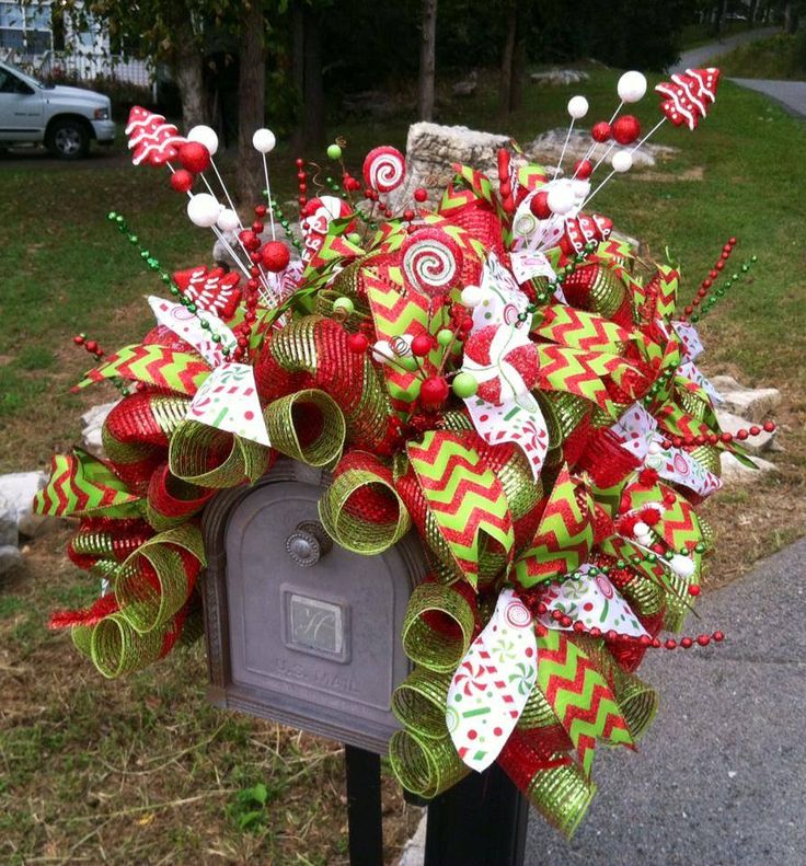 Maximalist Christmas Mailbox Overflowing with Mesh Ribbon and Ornaments — Christmas Mailbox Decor